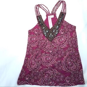 Boho Print Razorback Top w/ Beaded Yoke XSmall